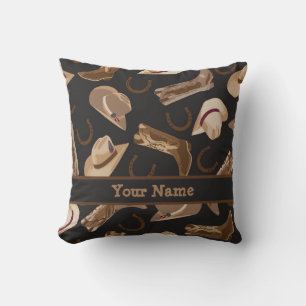 Western Cowboy Hat Boots Black Brown Name Cushion