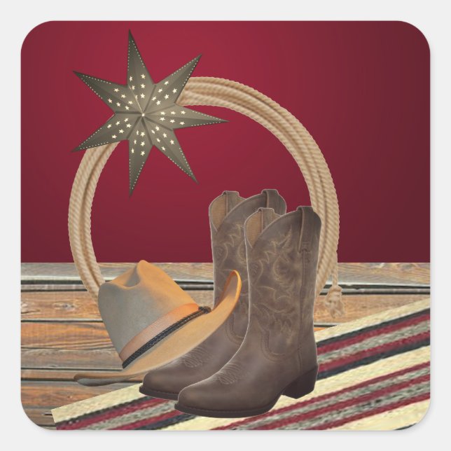 Western Cowboy Hat Boots Rope and Star Square Sticker (Front)
