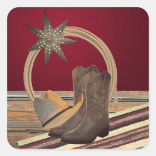 Western Cowboy Hat Boots Rope and Star Square Sticker