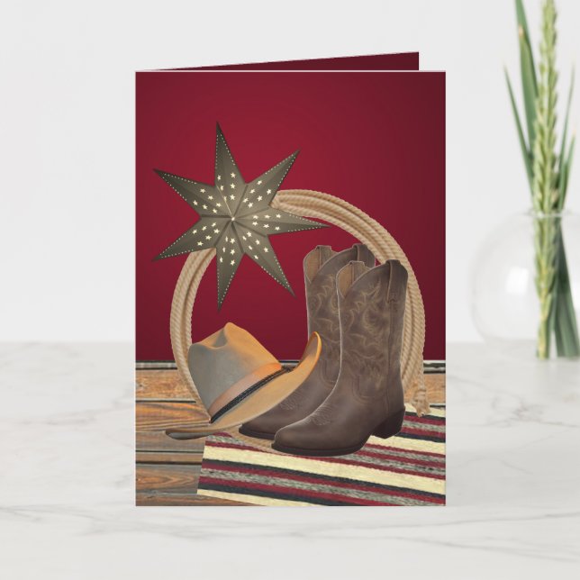 Western Cowboy Hat Boots Rope Star Christmas Card (Front)