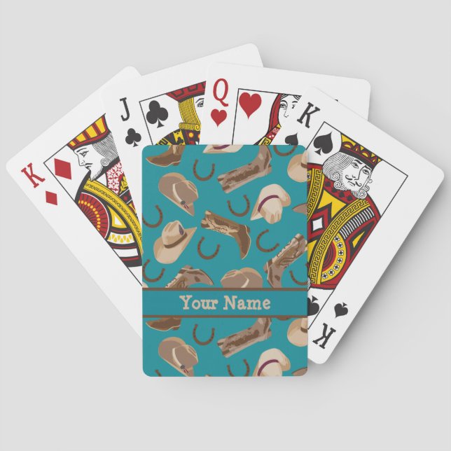 Western Cowboy Hat Boots Turquoise Teal Name Playing Cards (Back)