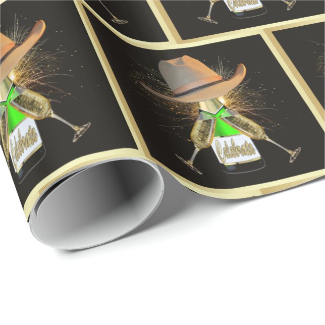 Western Cowboy Hat Champagne Fireworks Celebrate Wrapping Paper (Roll Corner)