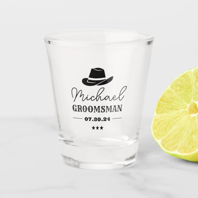 Western Cowboy Hat Classic Personalised Groomsmen Shot Glass (Front)
