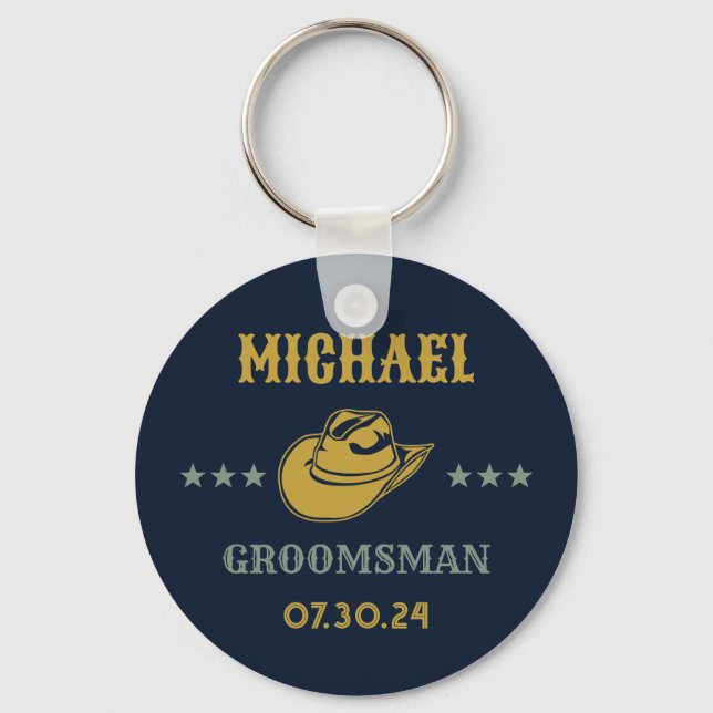 Western Cowboy Hat Elegant Personalised Groomsmen Key Ring (Front)