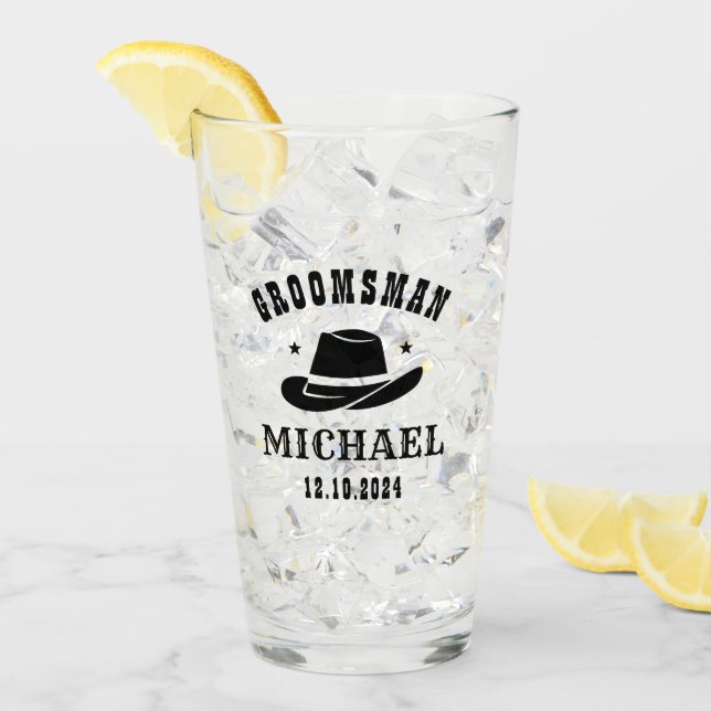 Western Cowboy Hat Groomsmen Personalised Name Glass (Front Ice)