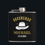 Western Cowboy Hat Groomsmen Personalised Name Hip Flask<br><div class="desc">Personalised gifts for groomsmen with western cowboy theme. Decorated with cowboy hat with vintage western font. Text and colour are editable using the Design Tool to fit your occasion. Get this customise gift for wedding,  bachelor party,  engagement party or any other special occasions.</div>