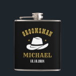 Western Cowboy Hat Groomsmen Personalised Name Hip Flask<br><div class="desc">Personalised gifts for groomsmen with western cowboy theme. Decorated with cowboy hat with vintage western font. Text and colour are editable using the Design Tool to fit your occasion. Get this customise gift for wedding,  bachelor party,  engagement party or any other special occasions.</div>