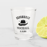 Western Cowboy Hat Groomsmen Personalised Name Shot Glass<br><div class="desc">Personalised gifts for groomsmen with western cowboy theme. Decorated with cowboy hat with vintage western font. Text and colour are editable using the Design Tool to fit your occasion. Get this customise gift for wedding,  bachelor party,  engagement party or any other special occasions.</div>