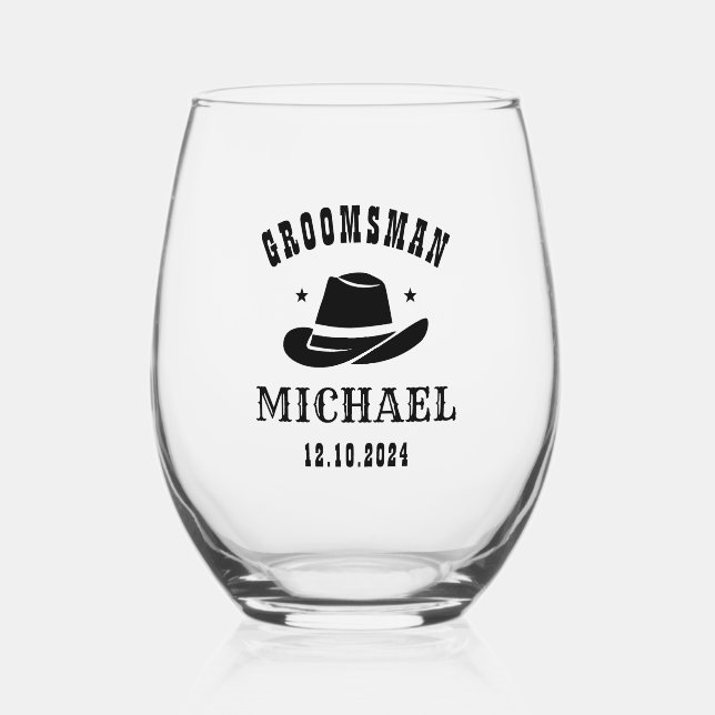 Western Cowboy Hat Groomsmen Personalised Name Stemless Wine Glass (Front)