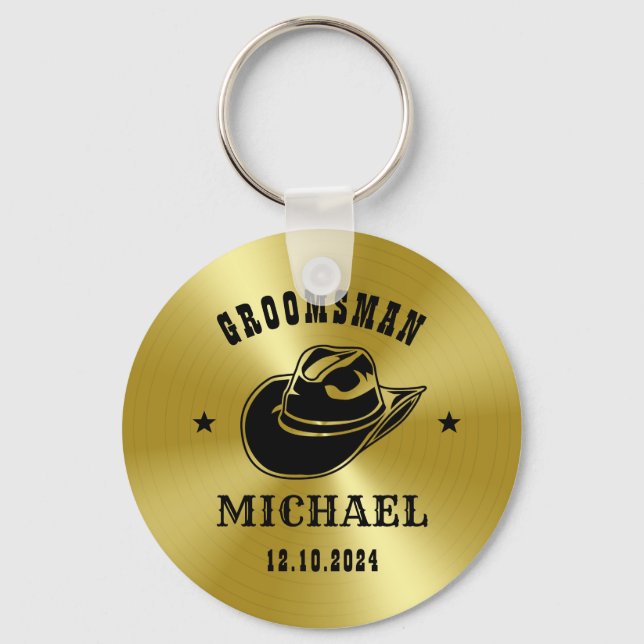 Western Cowboy Hat Groomsmen Personalized Name Key Ring (Front)