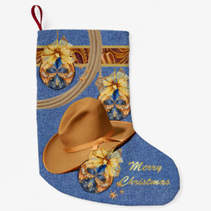 Western Cowboy Hat Rope Faux Denim Leather Small Christmas Stocking