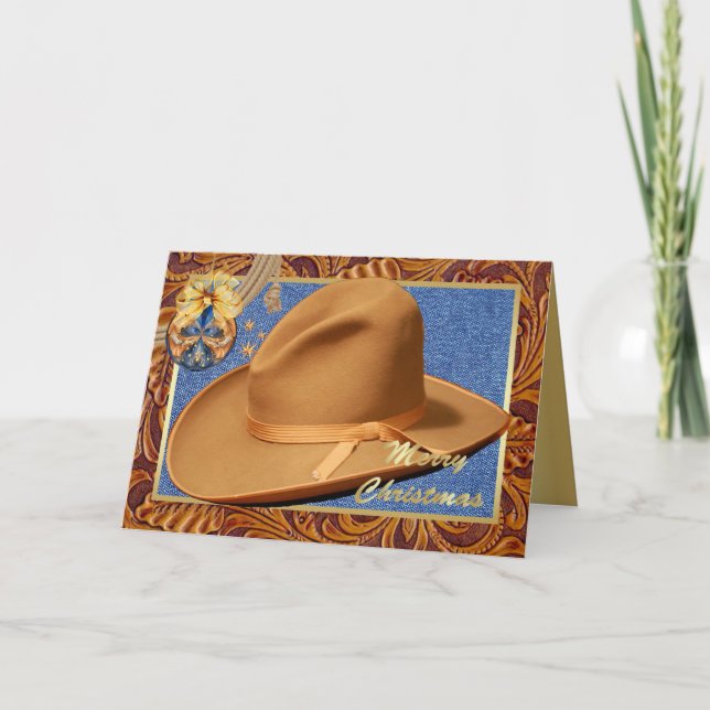 Western Cowboy Hat Rope Leather Merry Christmas Holiday Card (Front)