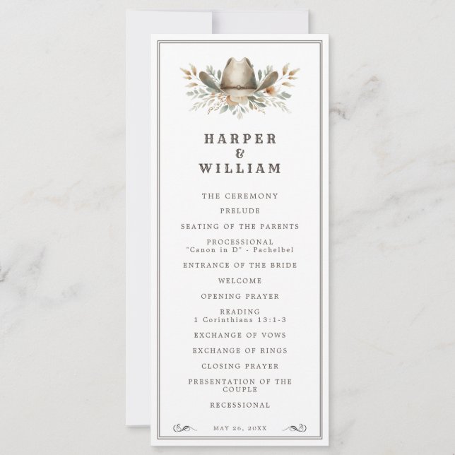 Western cowboy hat wedding program invitation (Front)
