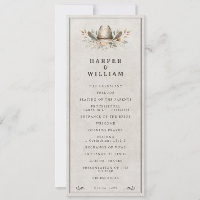 Western cowboy hat wedding program invitation (Front)