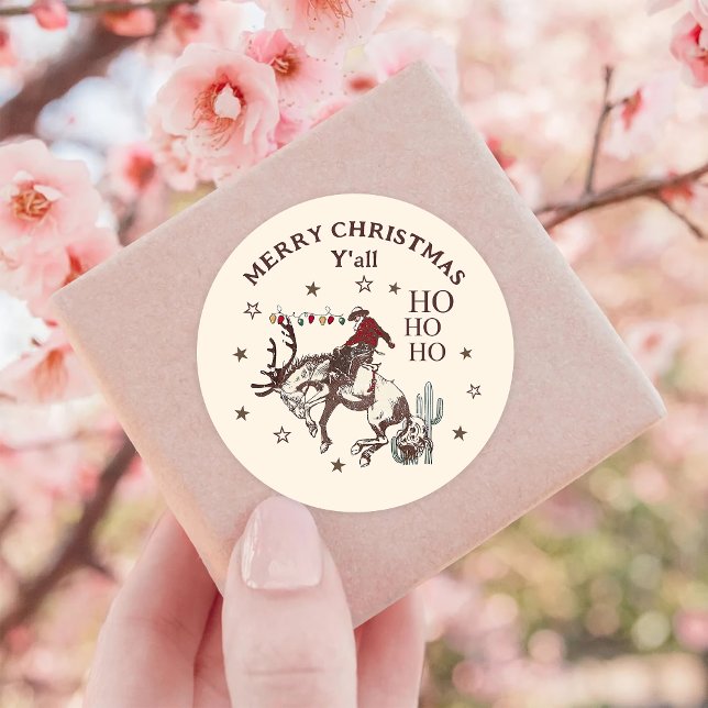 Western Cowboy Horse Merry Christmas Y'all Classic Round Sticker (Creator Uploaded)