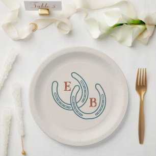 Western Cowboy Horseshoe Monogram Teal Rust Party Paper Plate