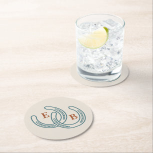 Western Cowboy Horseshoe Monogram Teal Rust Party Round Paper Coaster