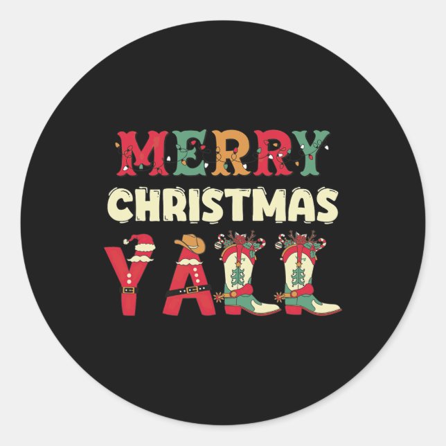 Western Cowboy Howdy Merry Christmas Yall Cowgirl  Classic Round Sticker (Front)