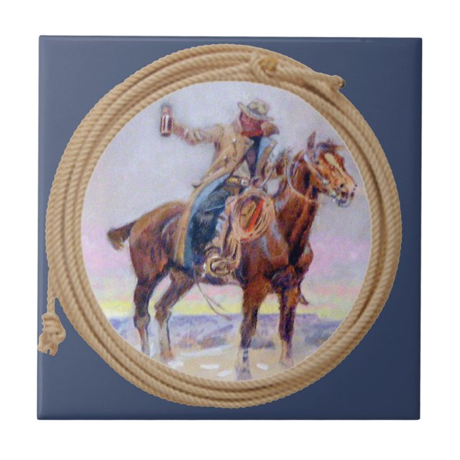 Western Cowboy On Horse And  Holding A Drink Tile (Front)