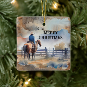 Western Cowboy on Horse Ceramic Ornament