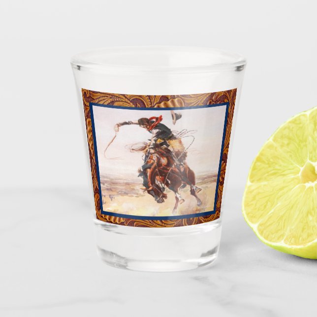 Western Cowboy On Wild West Bucking Horse Shot Glass (Front)