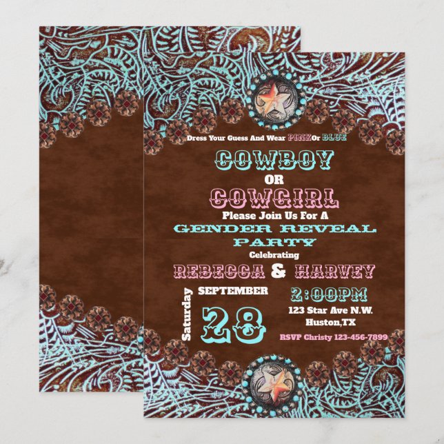 western cowboy or cowgirl gender reveal party invitation (Front/Back)
