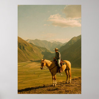 Western Cowboy & Palomino Horse | Vintage Mountain Poster