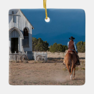 Western Cowboy Riding Horse To Church Ceramic Ornament