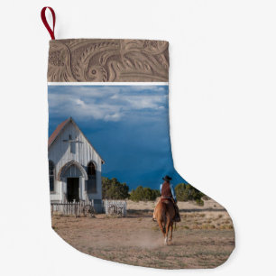 Western Cowboy Riding Horse To Church Faux Leather Small Christmas Stocking