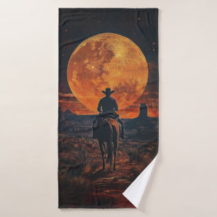 Western Cowboy Riding To Orange Setting Moon  Bath Towel Set