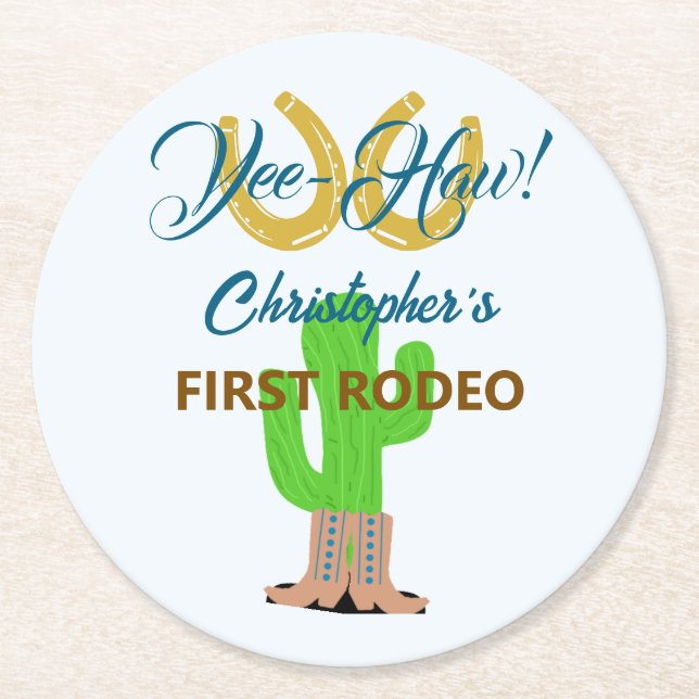 Western Cowboy Rodeo Birthday Round Paper Coaster (Front)