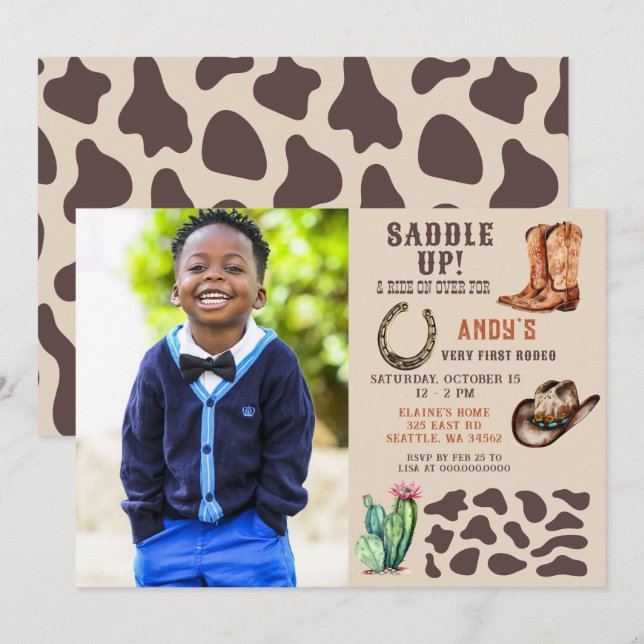 Western Cowboy Rodeo Boys Photo Birthday Invitation (Front/Back)