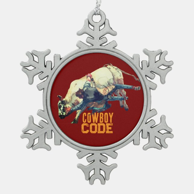 Western Cowboy Rodeo Bull Snowflake Pewter Christmas Ornament (Front)