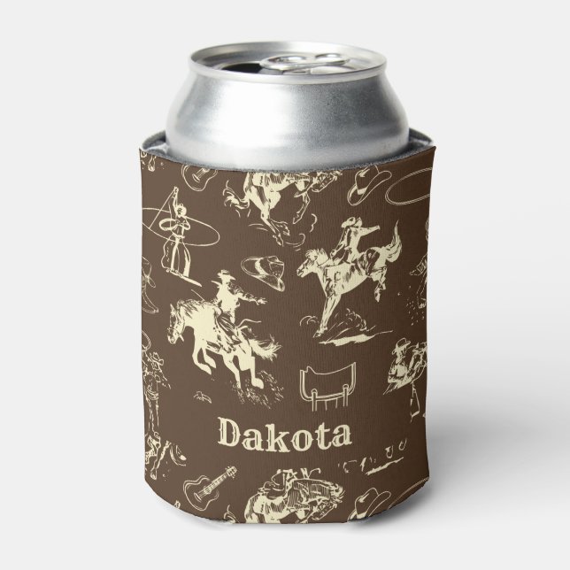 Western Cowboy Rodeo Personalised Dark Brown Can Cooler (Can Front)