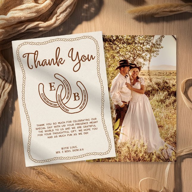 Western Cowboy Rope Horseshoe Photo Thank You Card (Creator Uploaded)