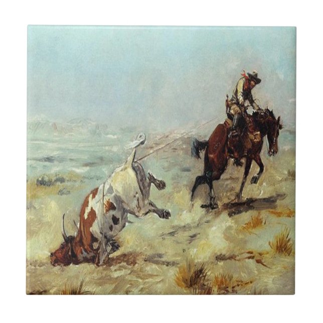 Western Cowboy Roping A Steer Tile (Front)