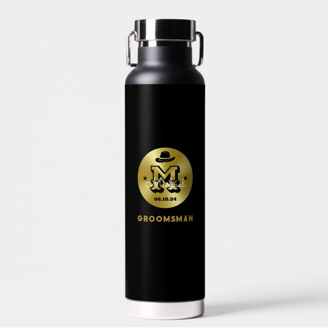 Western Cowboy Rustic Blue Gold Monogram Groomsmen Water Bottle (Front)