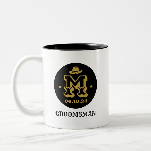 Western Cowboy Rustic Groomsmen Name Monogram Two-Tone Coffee Mug (Left)