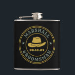 Western Cowboy Rustic Logo Personalised Groomsmen Hip Flask<br><div class="desc">Personalised gifts for groomsmen with western cowboy theme. Decorated with cowboy hat with vintage western font. Text and colour are editable using the Design Tool to fit your occasion. Get this customise gift for wedding,  bachelor party,  engagement party or any other special occasions.</div>