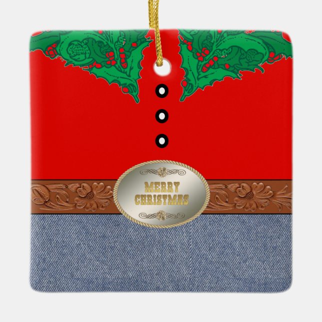 Western Cowboy Santa  Belt Buckle Red Shirt Jeans Ceramic Ornament (Front)