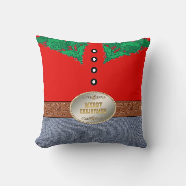 Western Cowboy Santa Belt Buckle Red Shirt Jeans Cushion (Front)