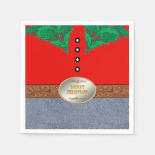 Western Cowboy Santa Belt Buckle Red Shirt Jeans Napkin