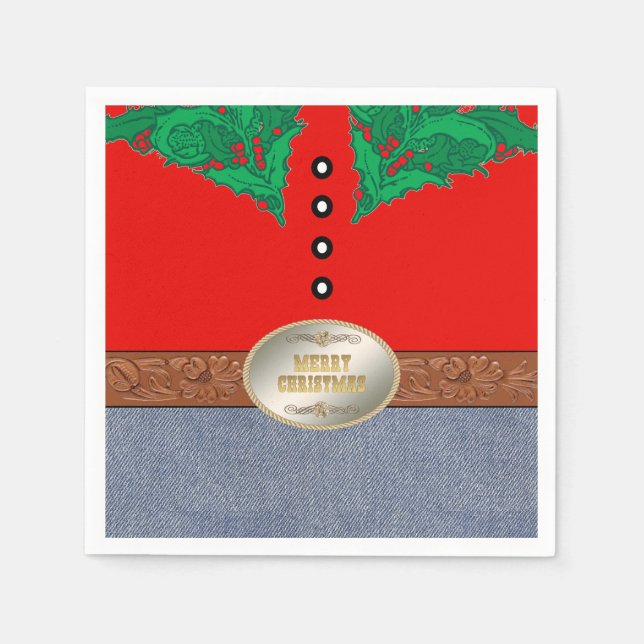 Western Cowboy Santa Belt Buckle Red Shirt Jeans Napkin (Front)