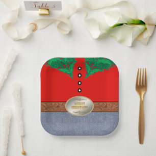 Western Cowboy Santa Belt Buckle Red Shirt Jeans Paper Plate