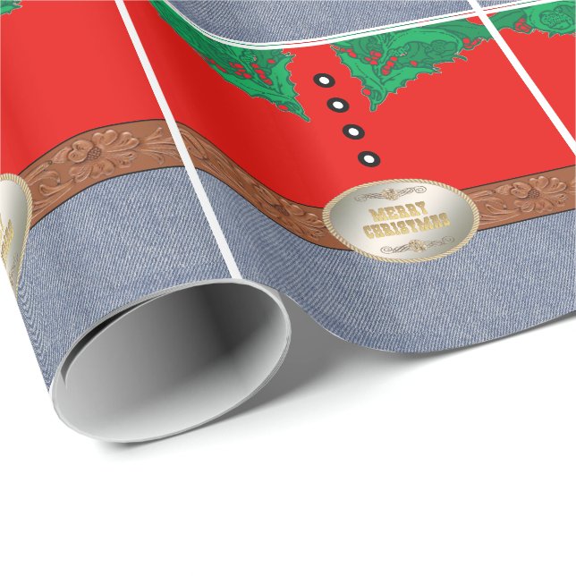 Western Cowboy Santa Belt Buckle Red Shirt Jeans Wrapping Paper (Roll Corner)