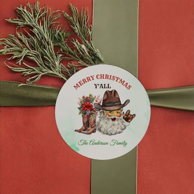 Western Cowboy Santa Christmas Party  Classic Round Sticker (Creator Uploaded)