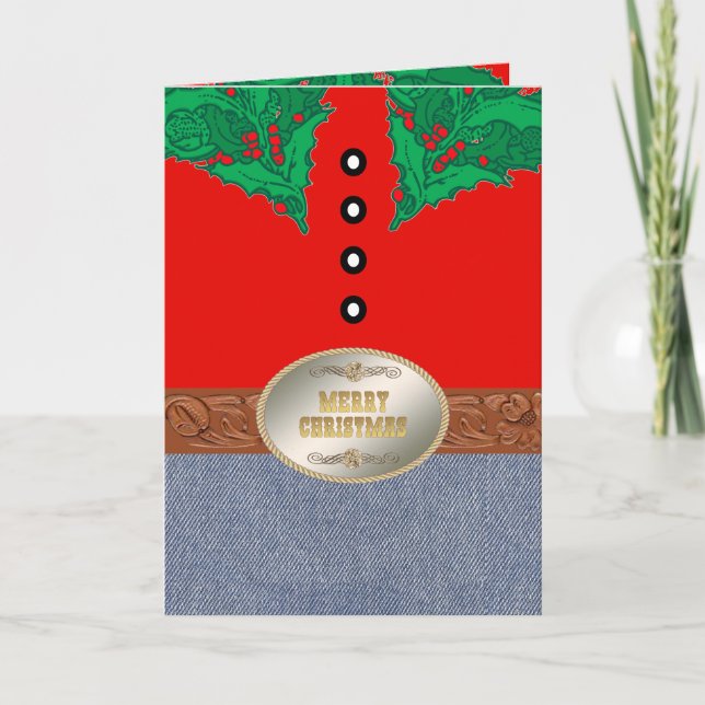Western Cowboy Santa Red Shirt Jeans Belt Buckle Card (Front)