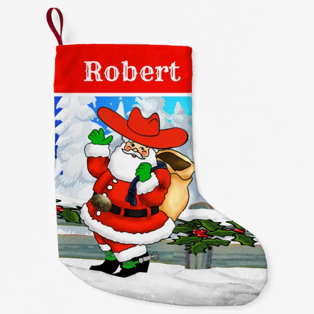 Western Cowboy Santa Winter Scene Small Christmas Stocking (Front)