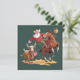 Western Cowboy Santa Xmas Rodeo Horse & Reindeer  Holiday Card