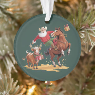 Western Cowboy Santa Xmas Rodeo Horse & Reindeer  Ornament